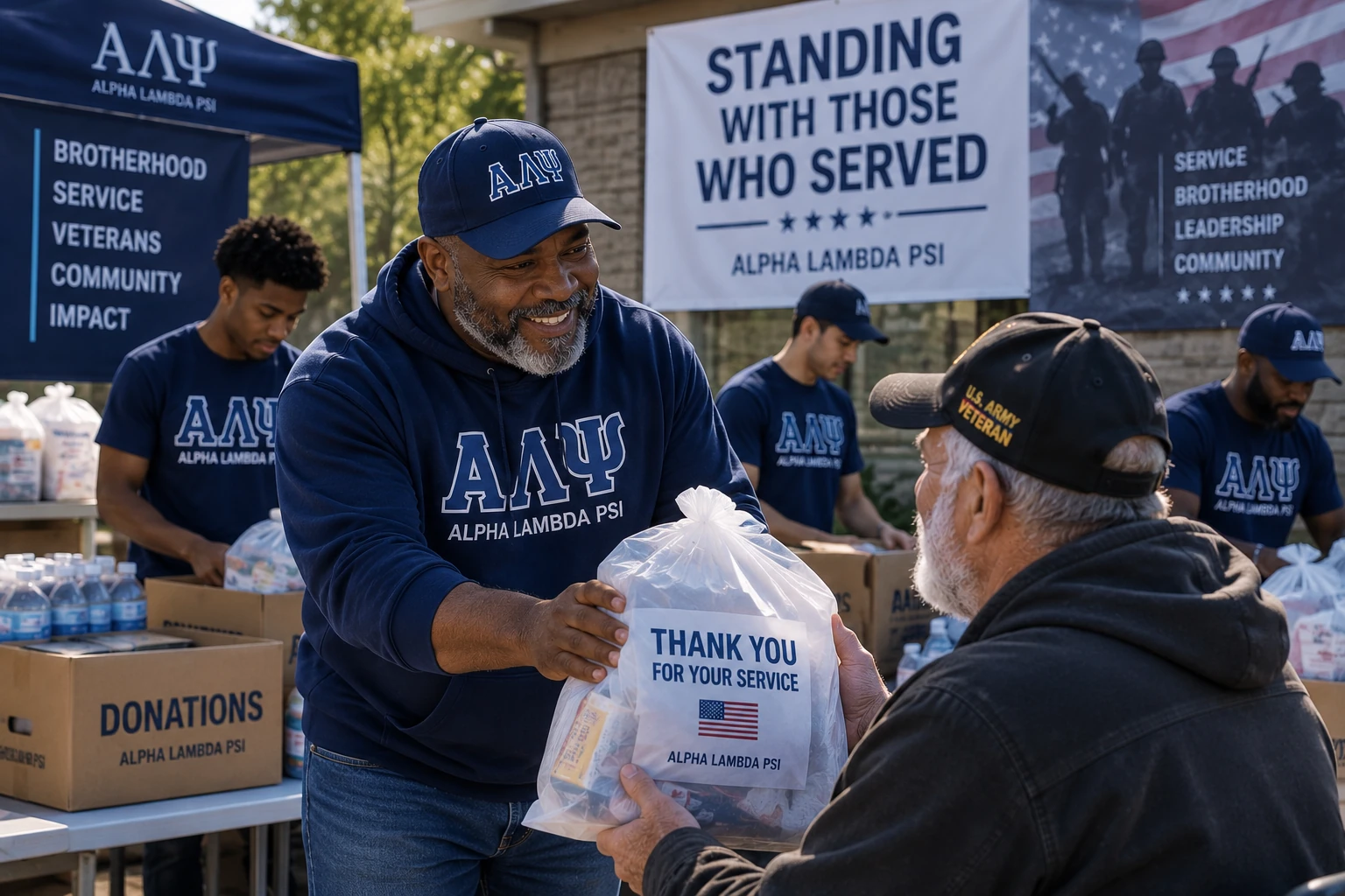 Alpha Lambda Psi Brothers supporting a Veteran